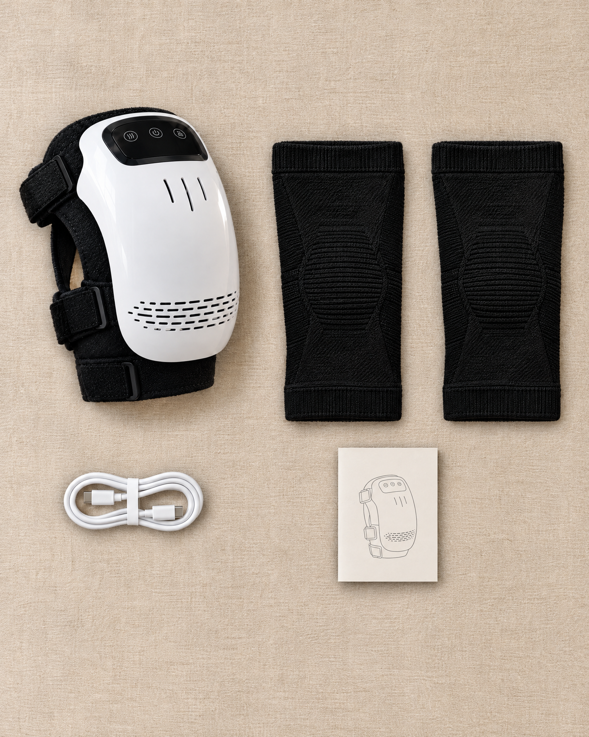 Flat lay of the one-knee box: the Noomo Knee Massager, two black knit knee sleeves, a USB-C cable and the manual