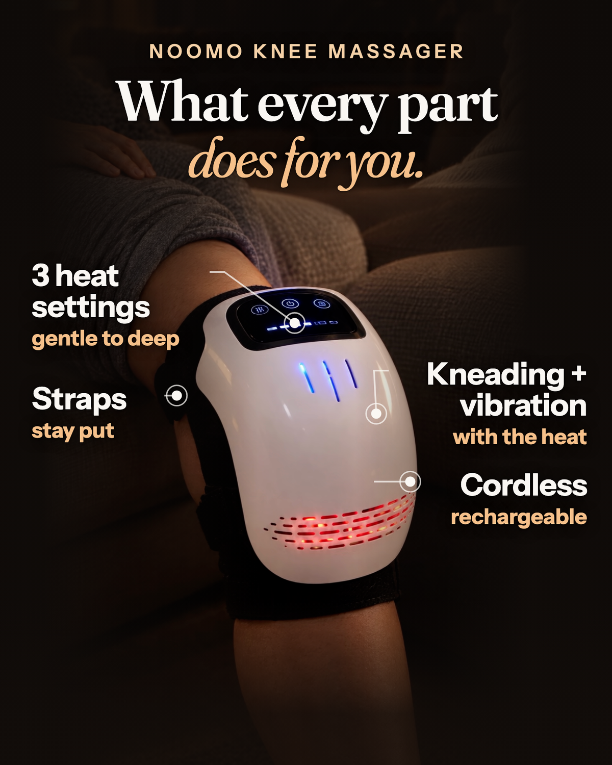 What every part of the Noomo Knee Massager does: 3 heat settings, kneading and vibration, straps that stay put, cordless and rechargeable
