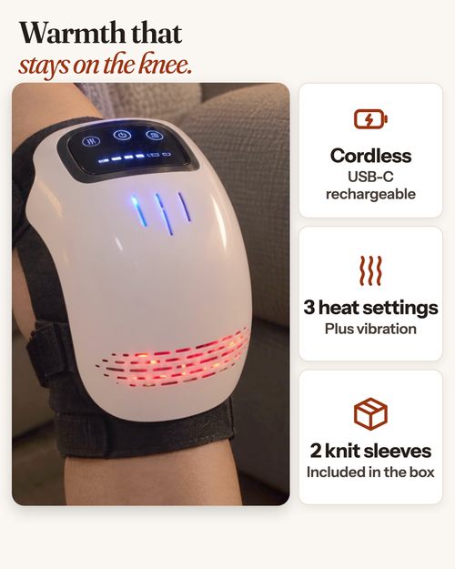 Noomo Knee Massager strapped on a knee and switched on, both straps visible, next to three tiles: cordless, USB-C rechargeable; 3 heat settings plus vibration; 2 knit sleeves included in the box.