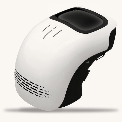 Noomo Knee Massager, white moulded shell with vent slots and a touch panel