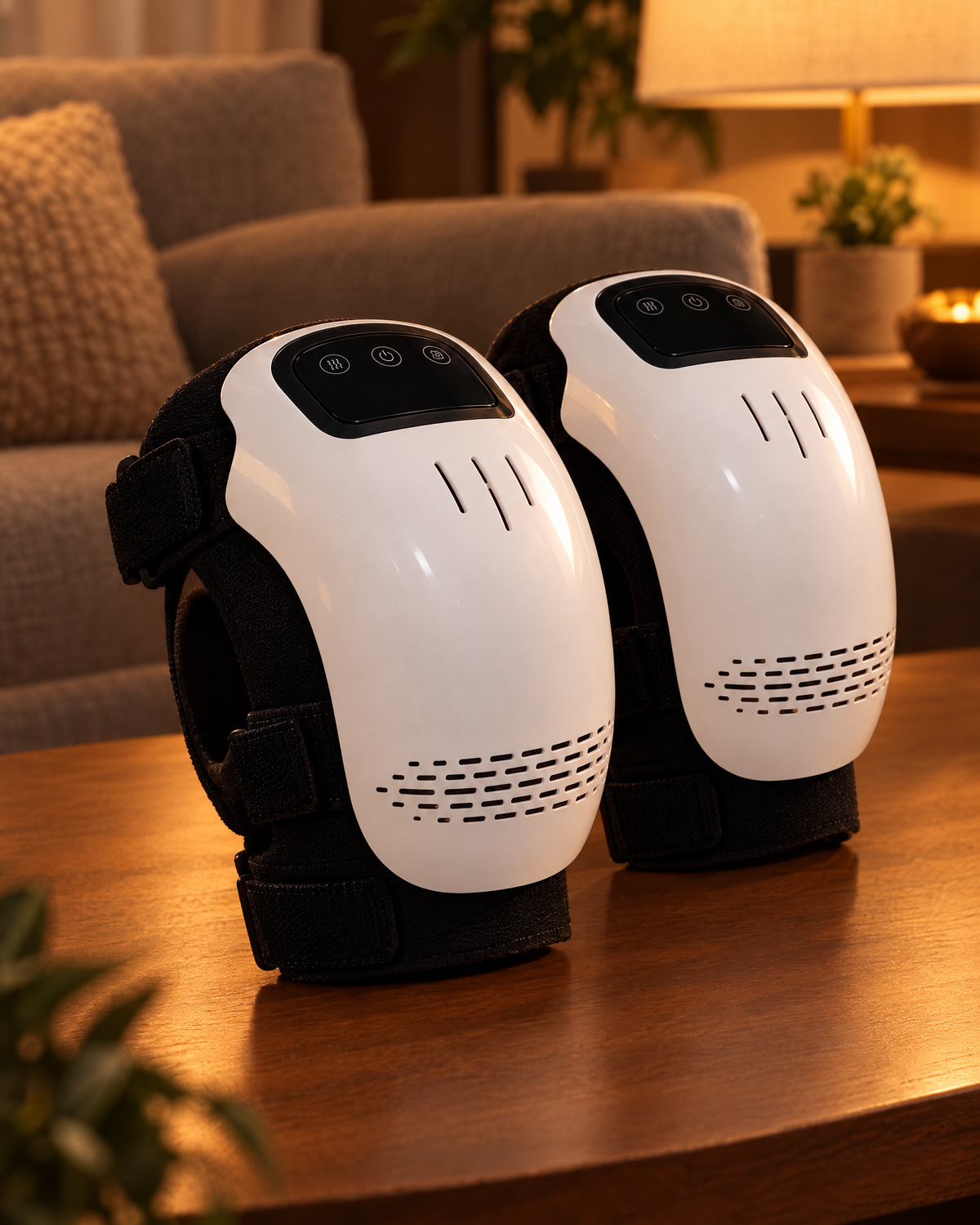 Two Noomo Knee Massagers side by side on a wooden table in a lamp-lit living room — the Both knees pack