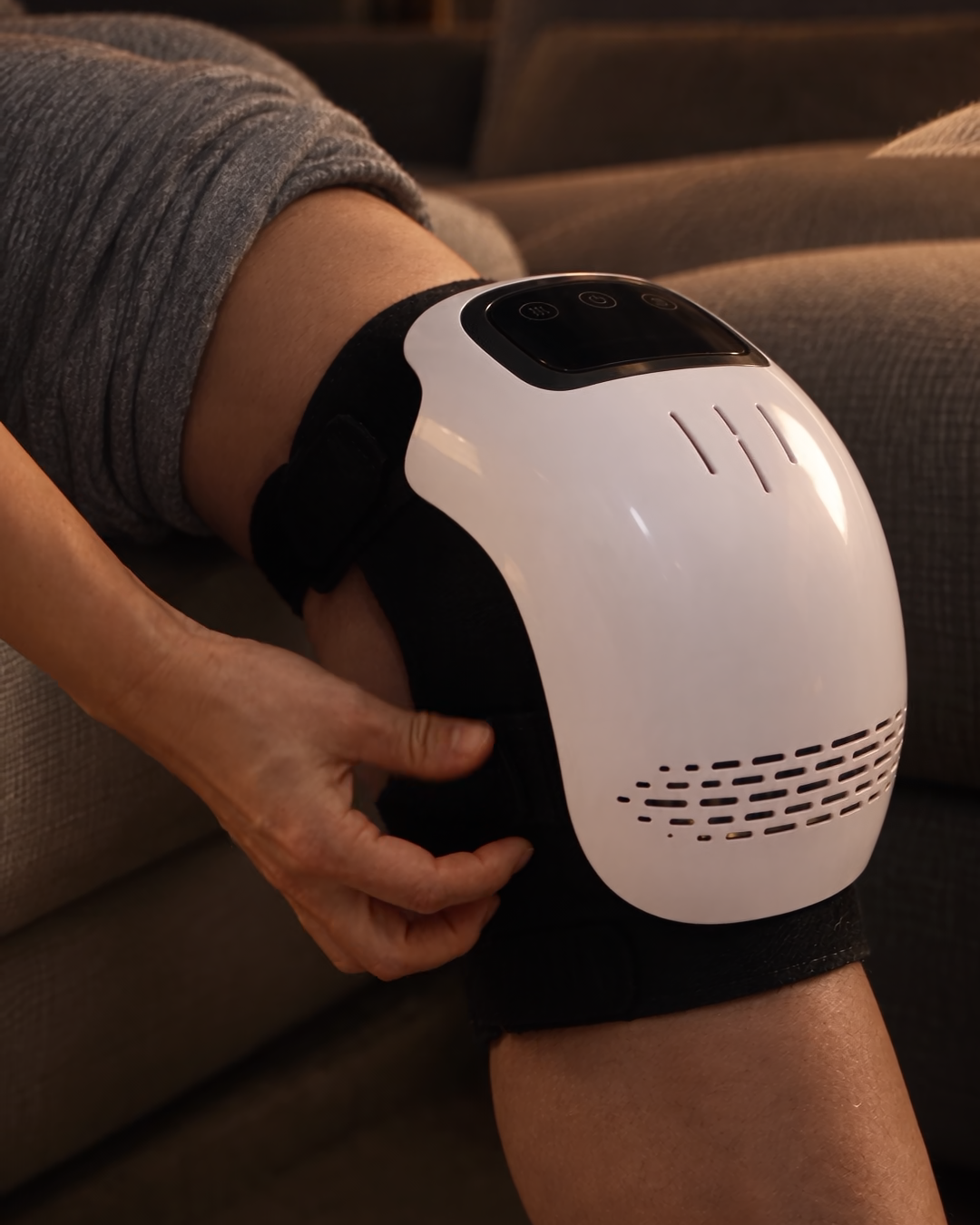 A hand pressing the hook-and-loop strap of the Noomo Knee Massager into place behind the knee